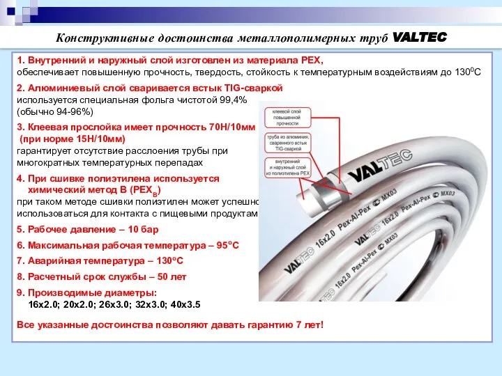 Конструктивные достоинства металлополимерных труб VALTEC 1. Внутренний и наружный слой изготовлен из