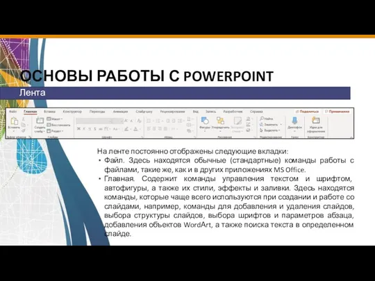 ОСНОВЫ РАБОТЫ С POWERPOINT На ленте постоянно отображены следующие вкладки: Файл. Здесь