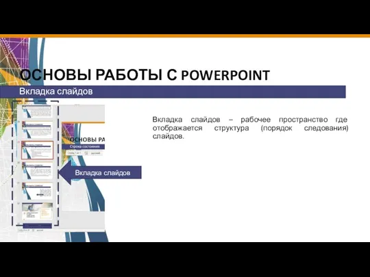 ОСНОВЫ РАБОТЫ С POWERPOINT Вкладка слайдов – рабочее пространство где отображается структура