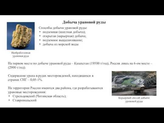 Добыча урановой руды Способы добычи урановой руды: подземная (шахтная добыча); открытая (карьерная)