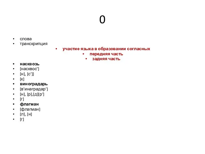 0 слова транскрипция участие языка в образовании согласных передняя часть задняя часть