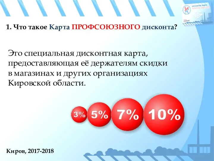 Киров, 2017-2018 1. Что такое Карта ПРОФСОЮЗНОГО дисконта? Это специальная дисконтная карта,