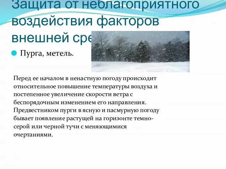 Защита от неблагоприятного воздействия факторов внешней среды Пурга, метель. Перед ее началом