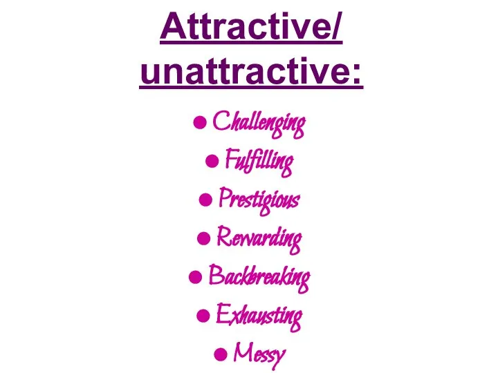 Attractive/ unattractive: Challenging Fulfilling Prestigious Rewarding Backbreaking Exhausting Messy