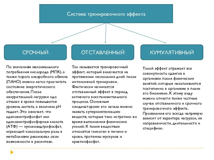 Система тренировочного эффекта СРОЧНЫЙ ОТСТАВЛЕННЫЙ КУМУЛЯТИВНЫЙ По значениям максимального потребления кислорода (МПК),