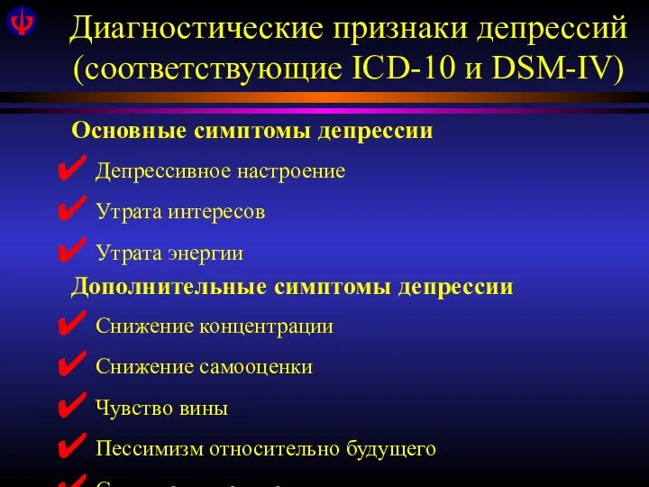 Диагностические признаки депрессий (соответствующие ICD-10 и DSM-IV) Основные симптомы депрессии Депрессивное настроение