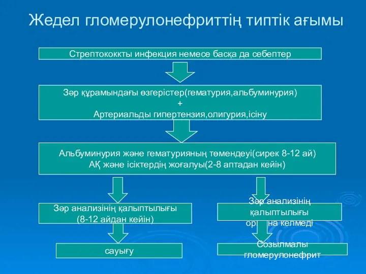 Жедел гломерулонефриттің типтік ағымы Зәр құрамындағы өзгерістер(гематурия,альбуминурия) + Артериальды гипертензия,олигурия,ісіну Альбуминурия және