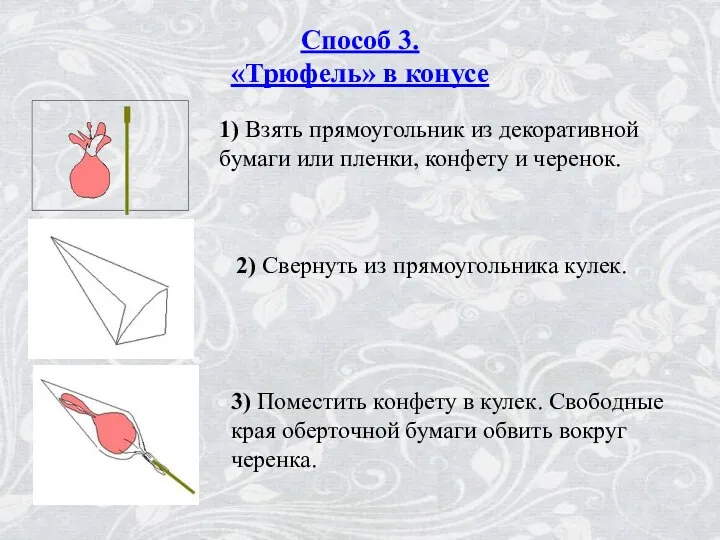 Способ 3. «Трюфель» в конусе 3) Поместить конфету в кулек. Свободные края