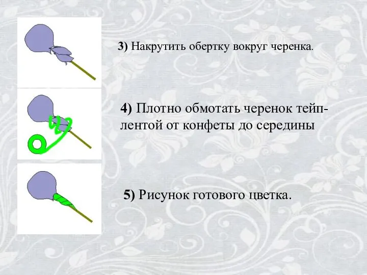 3) Накрутить обертку вокруг черенка. 4) Плотно обмотать черенок тейп-лентой от конфеты