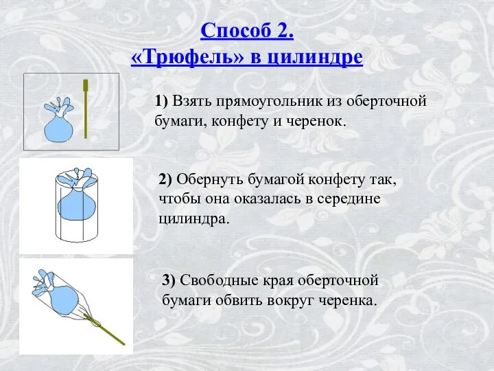 Способ 2. «Трюфель» в цилиндре 2) Обернуть бумагой конфету так, чтобы она