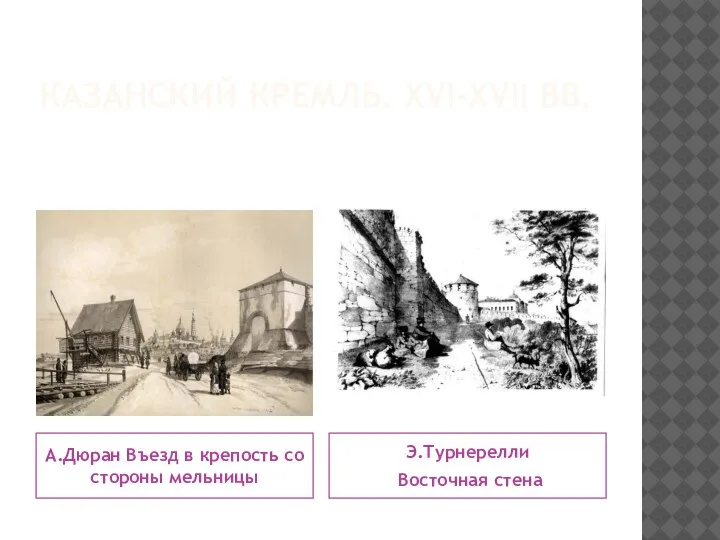 КАЗАНСКИЙ КРЕМЛЬ. XVI-XVII ВВ. А.Дюран Въезд в крепость со стороны мельницы Э.Турнерелли Восточная стена