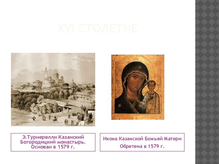 XVI СТОЛЕТИЕ Э.Турнерелли Казанский Богородицкий монастырь. Основан в 1579 г. Икона Казанской