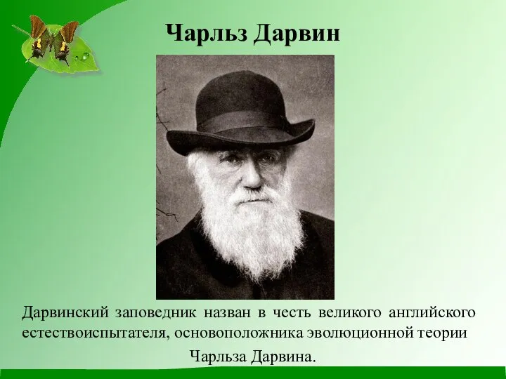 Дарвинский заповедник назван в честь великого английского естествоиспытателя, основоположника эволюционной теории Чарльза Дарвина. Чарльз Дарвин