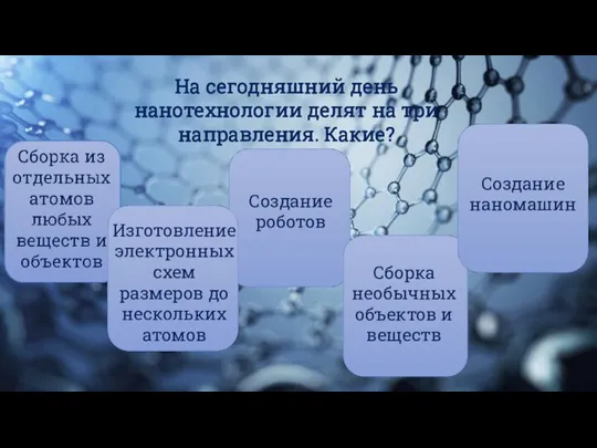 На сегодняшний день нанотехнологии делят на три направления. Какие? Изготовление электронных схем