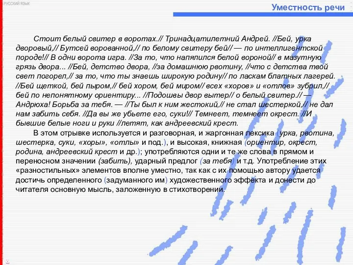 Уместность речи Стоит белый свитер в воротах.// Тринадцатилетний Андрей. //Бей, урка дворовый,//