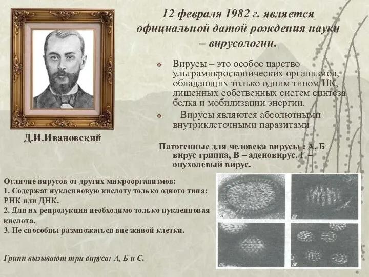 12 февраля 1982 г. является официальной датой рождения науки – вирусологии. Вирусы