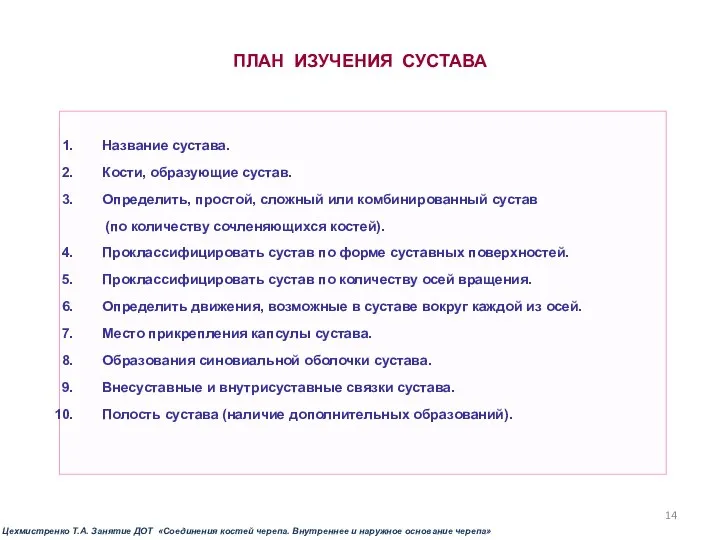 ПЛАН ИЗУЧЕНИЯ СУСТАВА Название сустава. Кости, образующие сустав. Определить, простой, сложный или