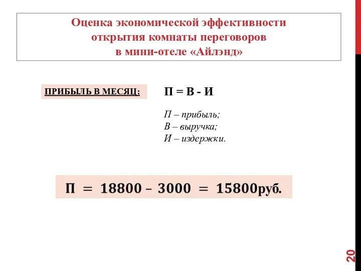 Оценка экономической эффективности открытия комнаты переговоров в мини-отеле «Айлэнд» ПРИБЫЛЬ В МЕСЯЦ: