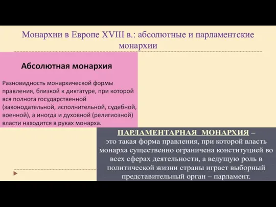 Монархии в Европе XVIII в.: абсолютные и парламентские монархии