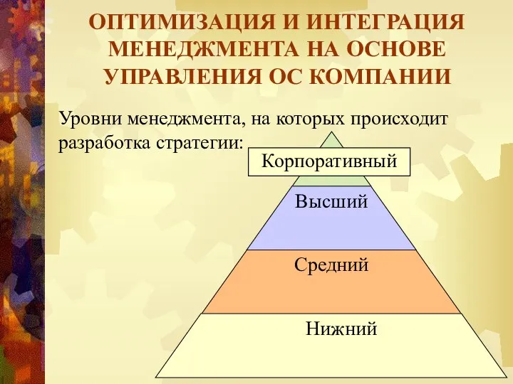 ОПТИМИЗАЦИЯ И ИНТЕГРАЦИЯ МЕНЕДЖМЕНТА НА ОСНОВЕ УПРАВЛЕНИЯ ОС КОМПАНИИ Уровни менеджмента, на