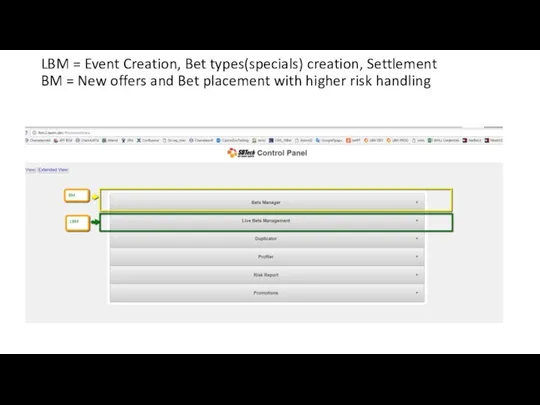 LBM = Event Creation, Bet types(specials) creation, Settlement BM = New offers