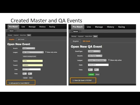 Created Master and QA Events