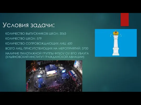 Условия задачи: КОЛИЧЕСТВО ВЫПУСКНИКОВ ШКОЛ: 3063 КОЛИЧЕСТВО ШКОЛ: 579 КОЛИЧЕСТВО СОПРОВОЖДАЮЩИХ ЛИЦ: