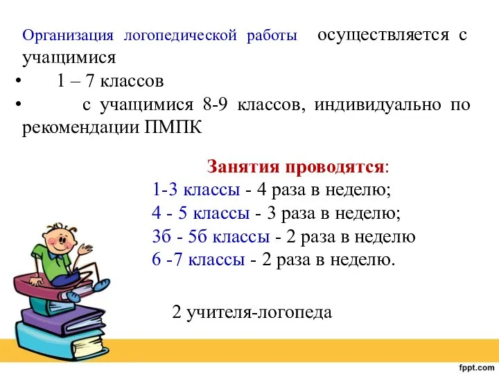 Организация логопедической работы осуществляется с учащимися 1 – 7 классов с учащимися