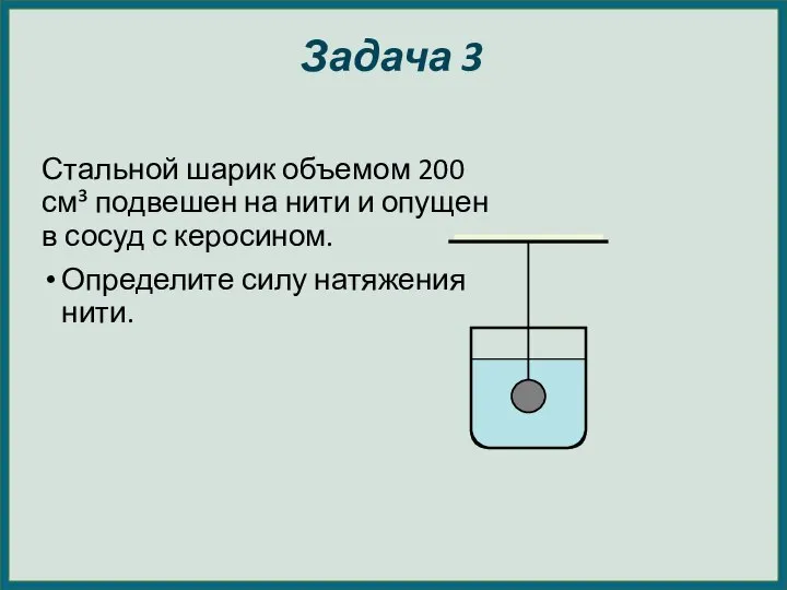 Задача 3 Стальной шарик объемом 200 см³ подвешен на нити и опущен