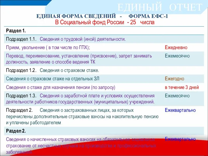 ЕДИНЫЙ ОТЧЕТ ЕДИНАЯ ФОРМА СВЕДЕНИЙ - ФОРМА ЕФС-1 В Социальный фонд России - 25 числа