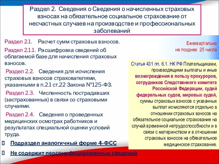 Раздел 2. Сведения о Сведения о начисленных страховых взносах на обязательное социальное