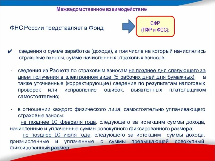 ФНС России представляет в Фонд: сведения о сумме заработка (дохода), в том