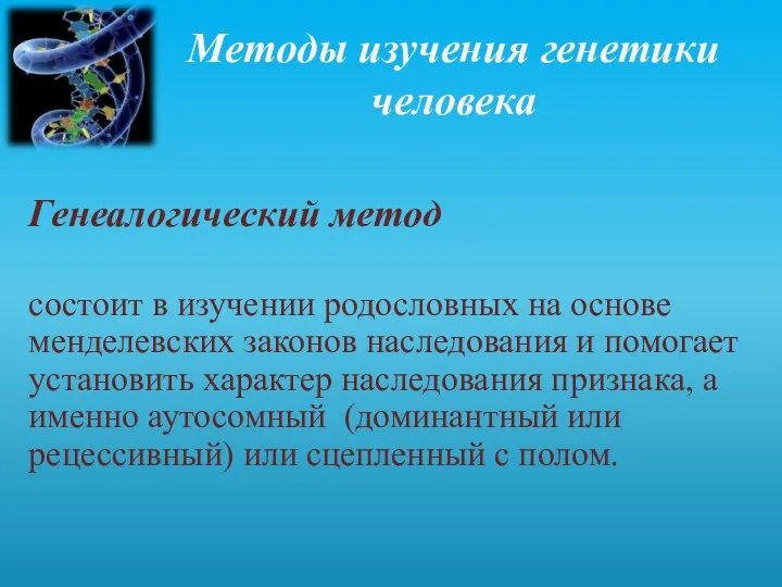 Методы изучения генетики человека Генеалогический метод состоит в изучении родословных на основе