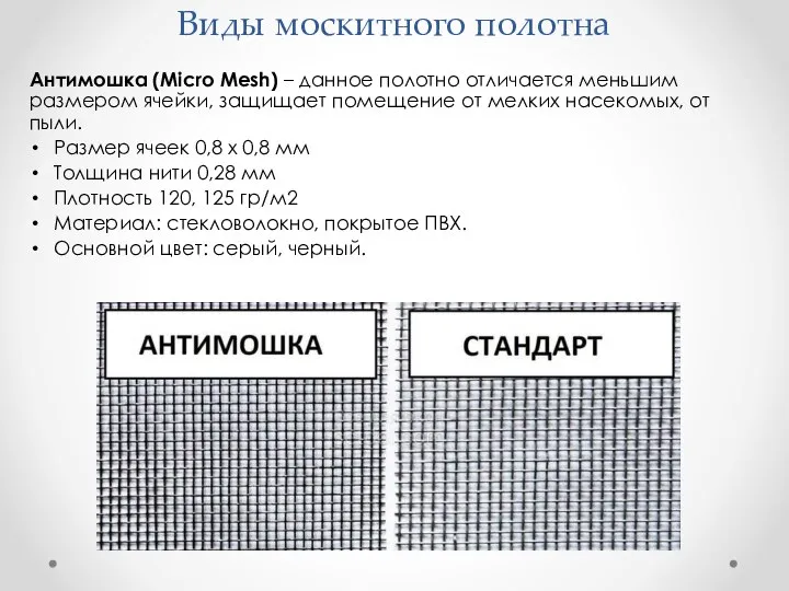 Виды москитного полотна Антимошка (Micro Mesh) – данное полотно отличается меньшим размером