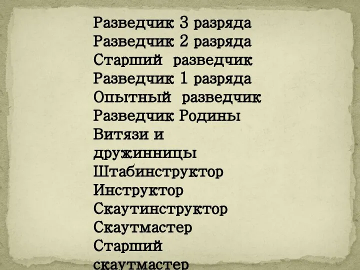 Разведчик 3 разряда Разведчик 2 разряда Старший разведчик Разведчик 1 разряда Опытный