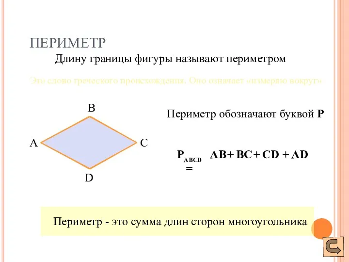 ПЕРИМЕТР А В С D Это слово греческого происхождения. Оно означает «измеряю