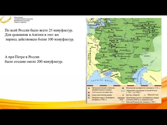 По всей России было всего 25 мануфактур. Для сравнения в Англии в