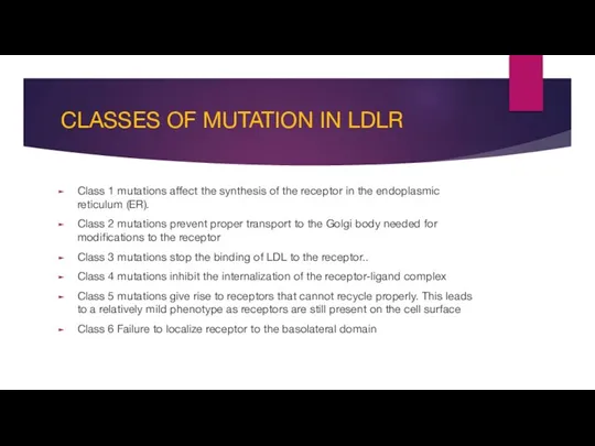 CLASSES OF MUTATION IN LDLR Class 1 mutations affect the synthesis of