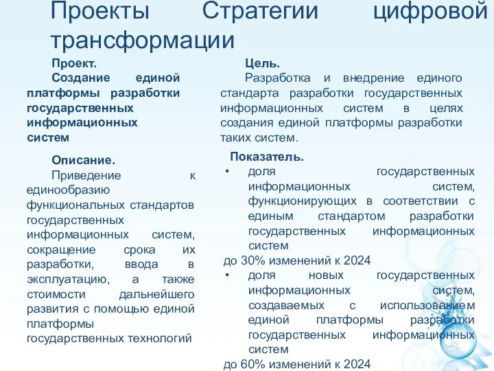 Проекты Стратегии цифровой трансформации Проект. Создание единой платформы разработки государственных информационных систем