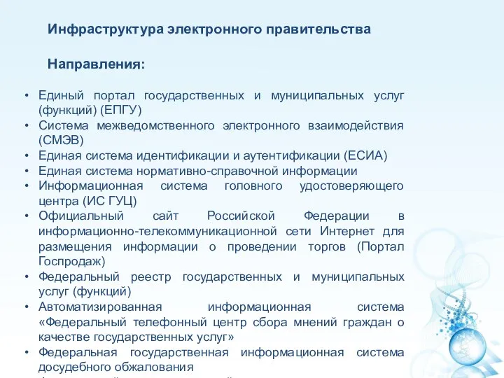 Инфраструктура электронного правительства Направления: Единый портал государственных и муниципальных услуг (функций) (ЕПГУ)