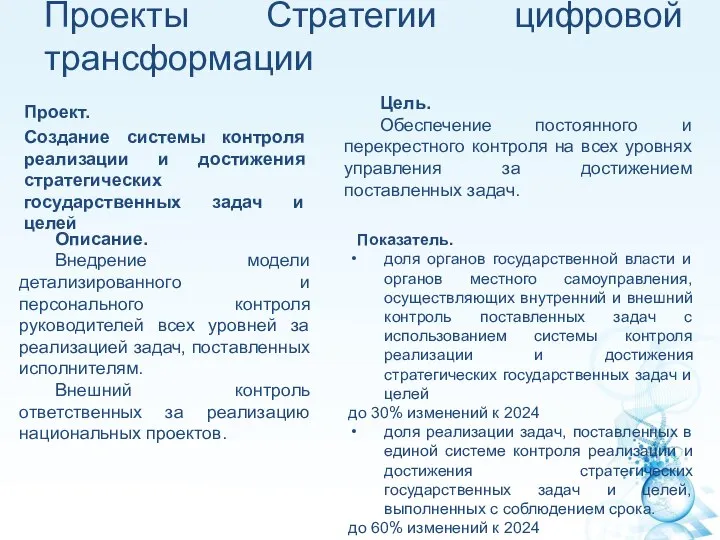 Проекты Стратегии цифровой трансформации Проект. Создание системы контроля реализации и достижения стратегических