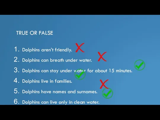 TRUE OR FALSE Dolphins aren’t friendly. Dolphins can breath under water. Dolphins