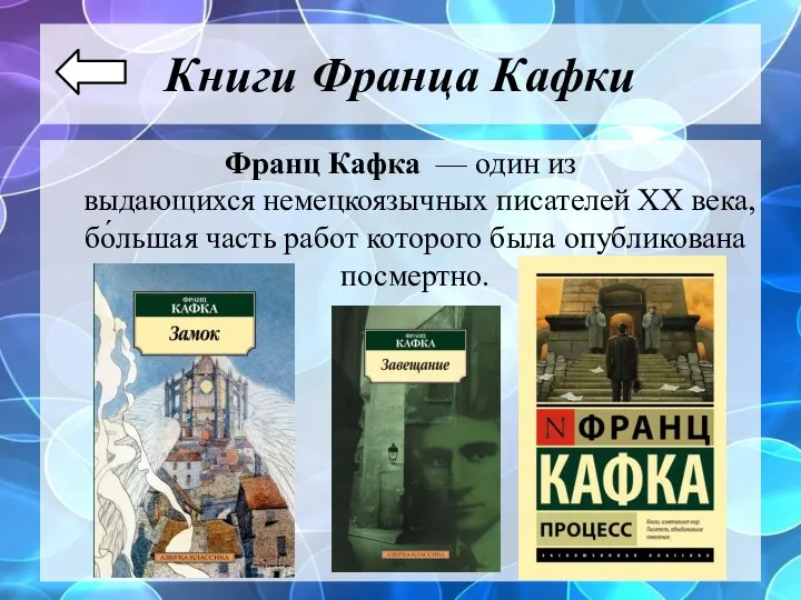 Книги Франца Кафки Франц Кафка — один из выдающихся немецкоязычных писателей XX