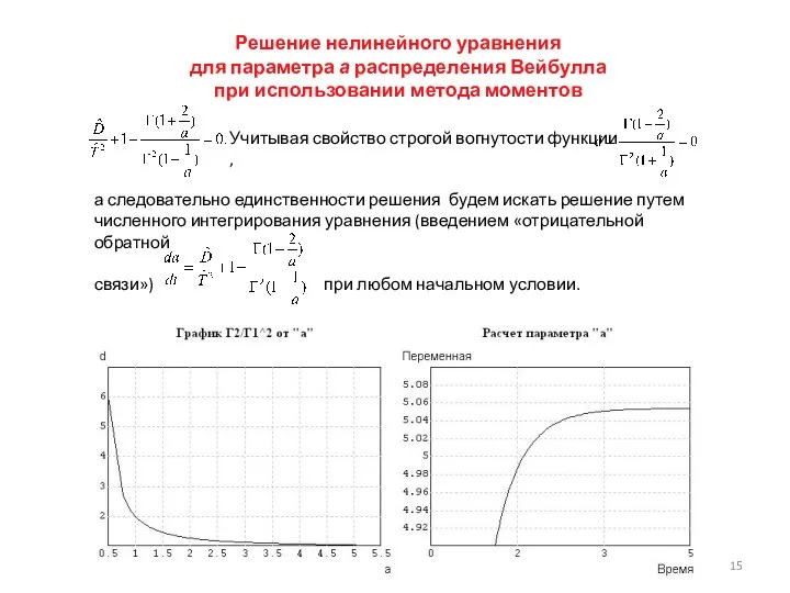 Решение нелинейного уравнения для параметра а распределения Вейбулла при использовании метода моментов
