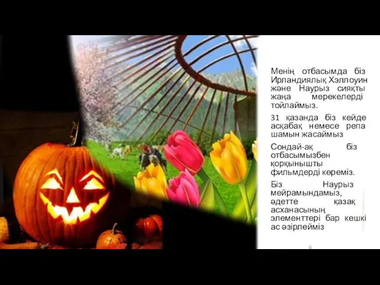 Менің отбасымда біз Ирландиялық Хэллоуин және Наурыз сияқты жаңа мерекелерді тойлаймыз. 31