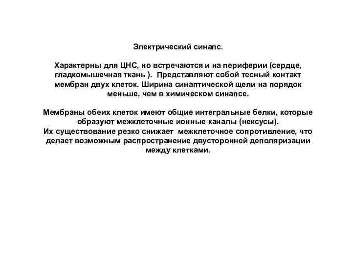 Электрический синапс. Характерны для ЦНС, но встречаются и на периферии (сердце, гладкомышечная