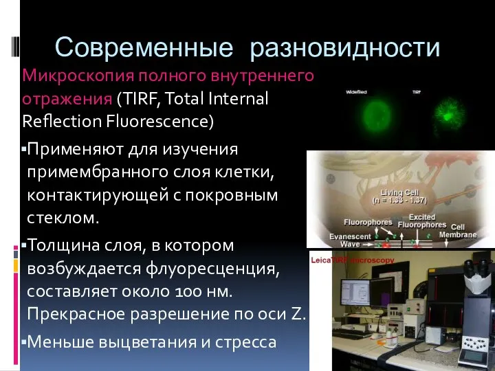 Современные разновидности Микроскопия полного внутреннего отражения (TIRF, Total Internal Reflection Fluorescence) Применяют