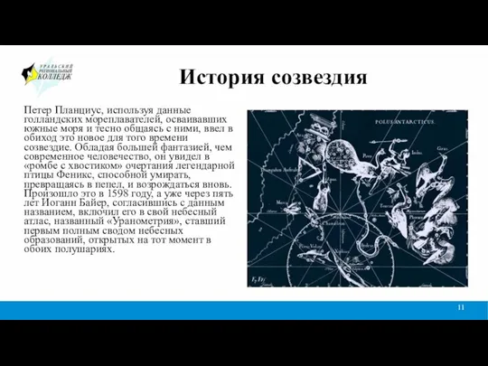 История созвездия Петер Планциус, используя данные голландских мореплавателей, осваивавших южные моря и