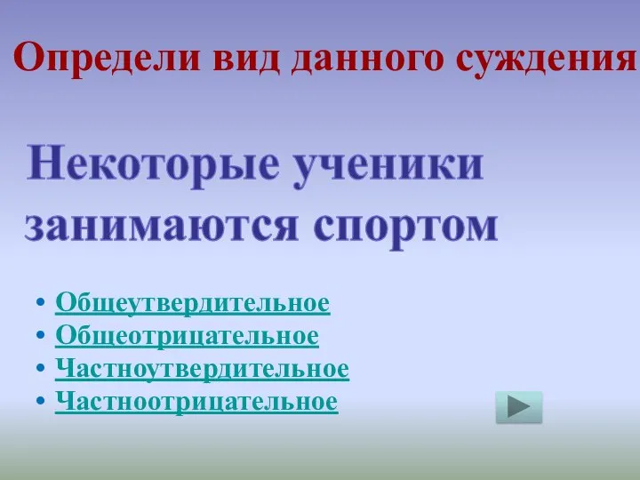 Определи вид данного суждения Общеутвердительное Общеотрицательное Частноутвердительное Частноотрицательное Некоторые ученики занимаются спортом