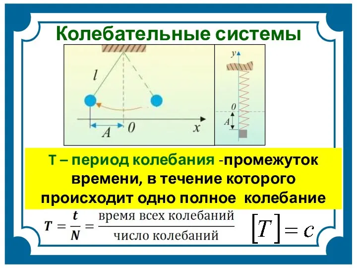 Колебательные системы T – период колебания -промежуток времени, в течение которого происходит одно полное колебание